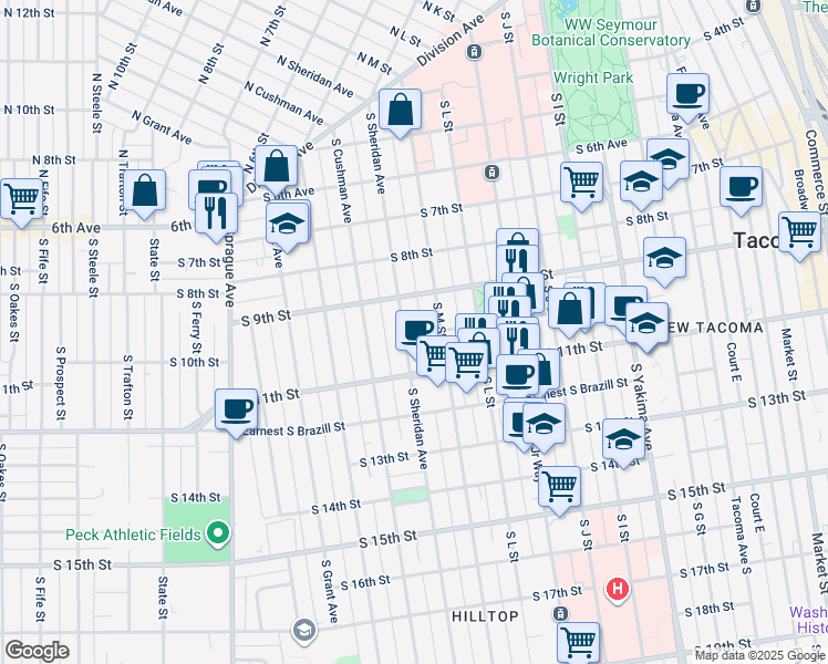 map of restaurants, bars, coffee shops, grocery stores, and more near 916 South M Street in Tacoma