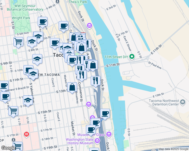 map of restaurants, bars, coffee shops, grocery stores, and more near 1120 East Cliff Avenue in Tacoma