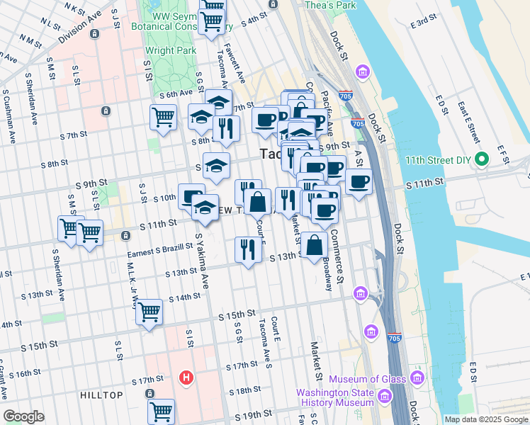 map of restaurants, bars, coffee shops, grocery stores, and more near 504a South 11th Street in Tacoma