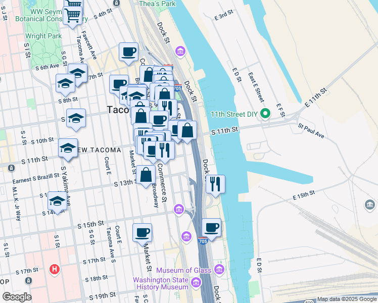 map of restaurants, bars, coffee shops, grocery stores, and more near 1120 East Cliff Avenue in Tacoma