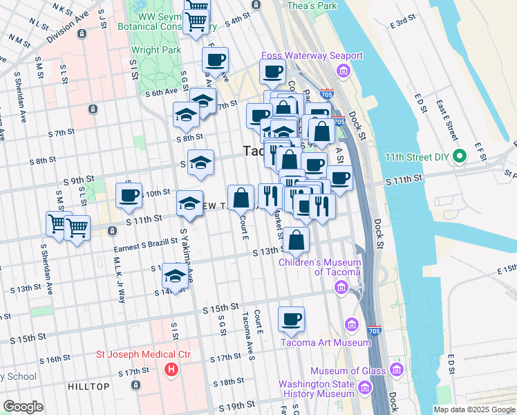 map of restaurants, bars, coffee shops, grocery stores, and more near in Tacoma