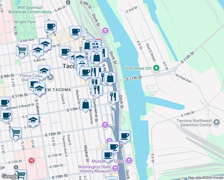 map of restaurants, bars, coffee shops, grocery stores, and more near 1120 Cliff Avenue in Tacoma