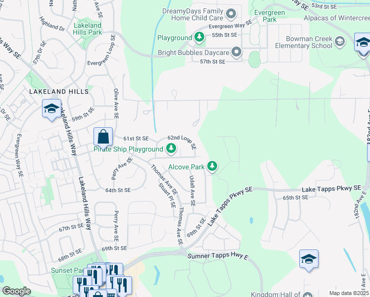 map of restaurants, bars, coffee shops, grocery stores, and more near 6110 Victoria Court Southeast in Auburn