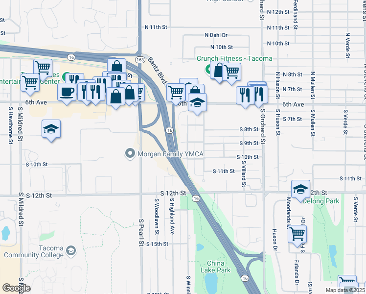map of restaurants, bars, coffee shops, grocery stores, and more near 906 South Winnifred Street in Tacoma