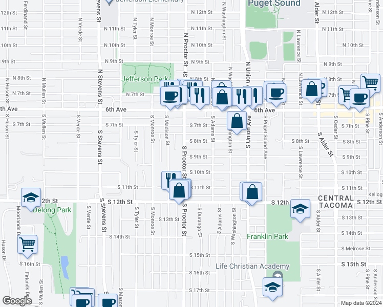 map of restaurants, bars, coffee shops, grocery stores, and more near 3833 South 9th Street in Tacoma