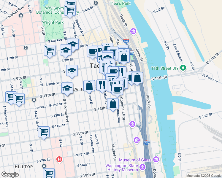 map of restaurants, bars, coffee shops, grocery stores, and more near 1102 Broadway in Tacoma