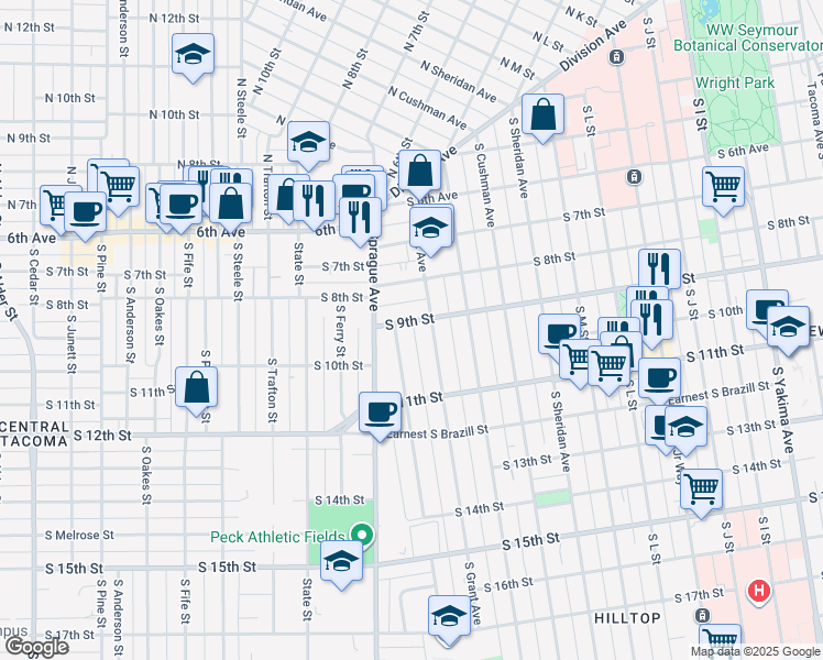 map of restaurants, bars, coffee shops, grocery stores, and more near 1714 South 9th Street in Tacoma