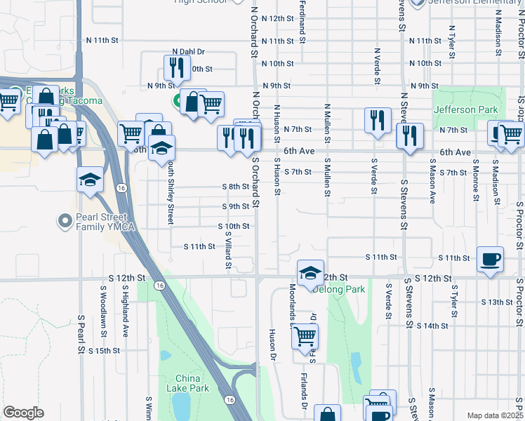 map of restaurants, bars, coffee shops, grocery stores, and more near 901 South Orchard Street in Tacoma