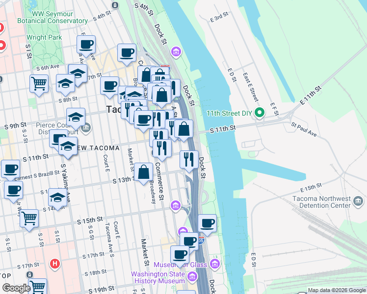 map of restaurants, bars, coffee shops, grocery stores, and more near 1102 A Street in Tacoma