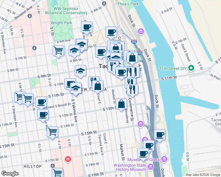map of restaurants, bars, coffee shops, grocery stores, and more near in Tacoma