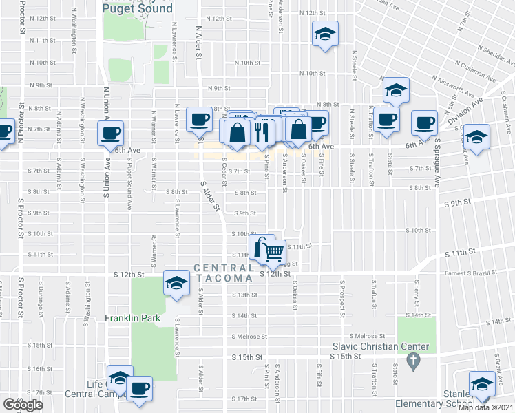 map of restaurants, bars, coffee shops, grocery stores, and more near 817 South Pine Street in Tacoma