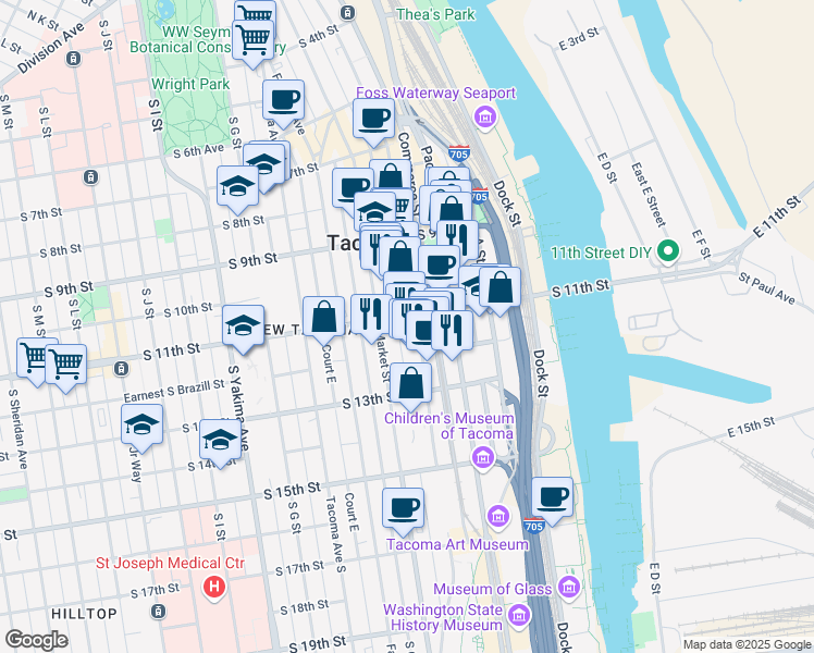 map of restaurants, bars, coffee shops, grocery stores, and more near 1102 Broadway in Tacoma