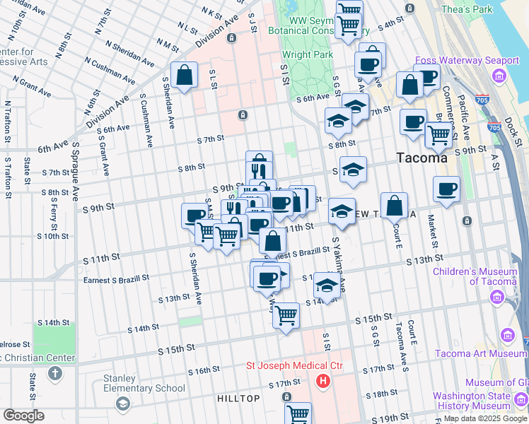 map of restaurants, bars, coffee shops, grocery stores, and more near 1002 South 10th Street in Tacoma