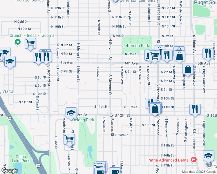 map of restaurants, bars, coffee shops, grocery stores, and more near 810 South Stevens Street in Tacoma