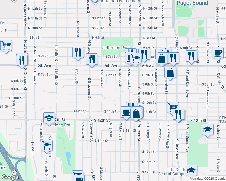 map of restaurants, bars, coffee shops, grocery stores, and more near 739 South Tyler Street in Tacoma
