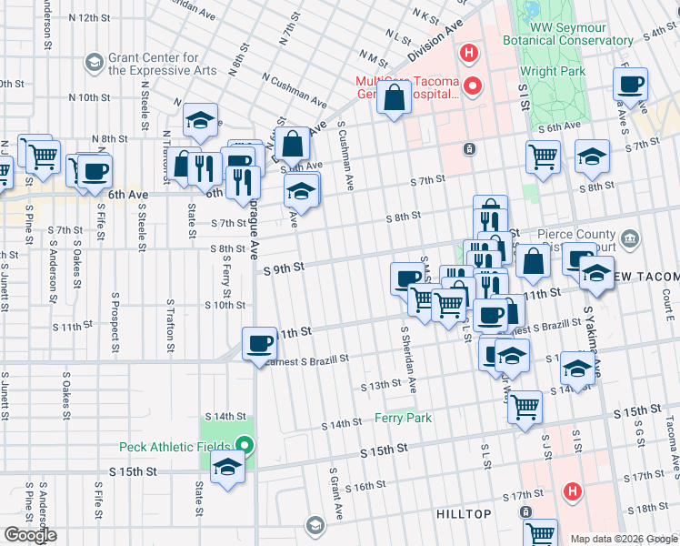 map of restaurants, bars, coffee shops, grocery stores, and more near 1508 South 9th Street in Tacoma