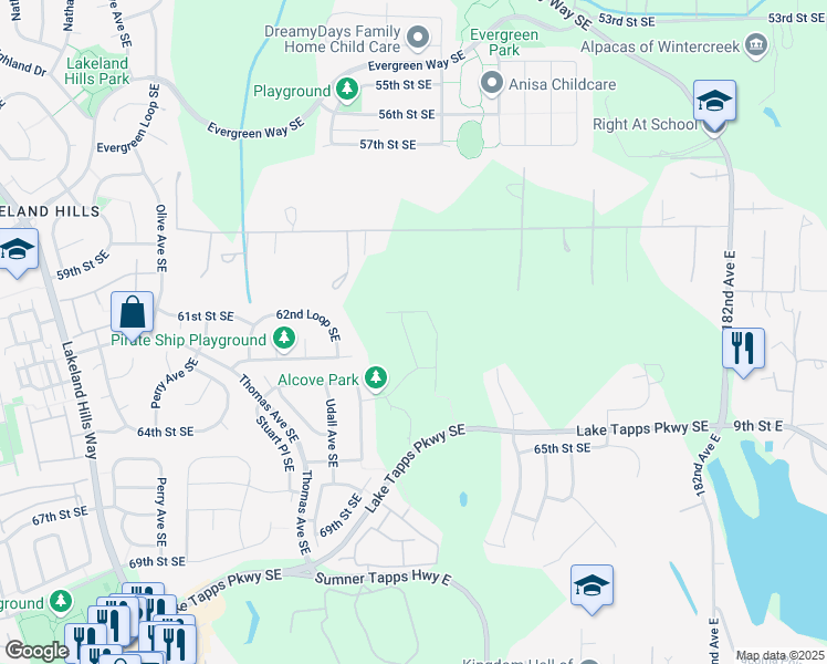 map of restaurants, bars, coffee shops, grocery stores, and more near 6214 Wesley Place Southeast in Bonney Lake