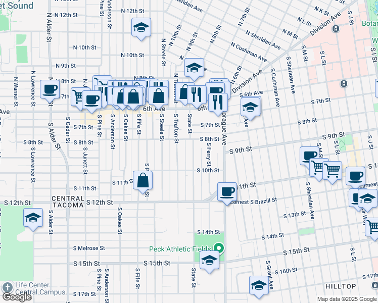 map of restaurants, bars, coffee shops, grocery stores, and more near 820 S State St in Tacoma