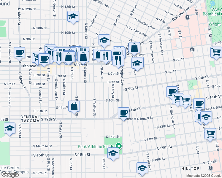 map of restaurants, bars, coffee shops, grocery stores, and more near 820 South Ferry Street in Tacoma