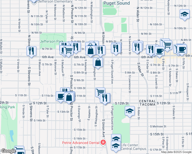 map of restaurants, bars, coffee shops, grocery stores, and more near 813 South Washington Street in Tacoma