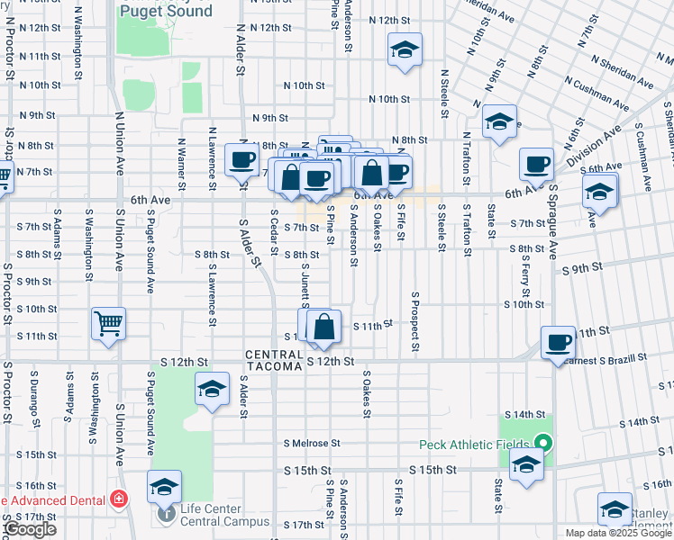 map of restaurants, bars, coffee shops, grocery stores, and more near 817 South Pine Street in Tacoma