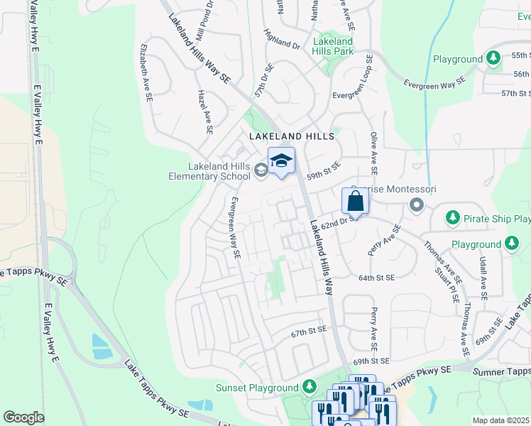 map of restaurants, bars, coffee shops, grocery stores, and more near 6047 Isaac Avenue Southeast in Auburn