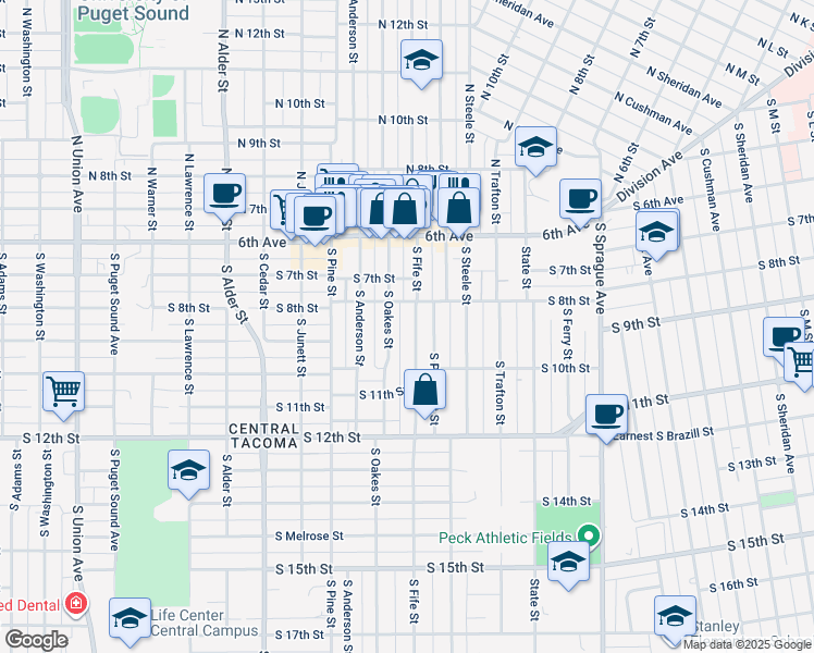 map of restaurants, bars, coffee shops, grocery stores, and more near 820 South Fife Street in Tacoma