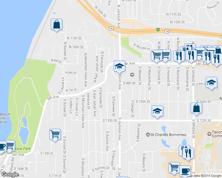 map of restaurants, bars, coffee shops, grocery stores, and more near 7525 South Hegra Road in Tacoma