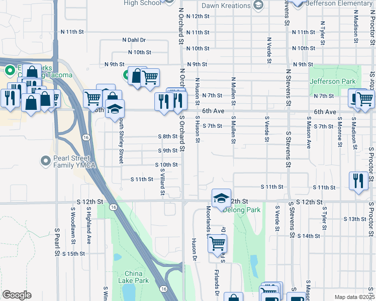 map of restaurants, bars, coffee shops, grocery stores, and more near 901 South Orchard Street in Tacoma