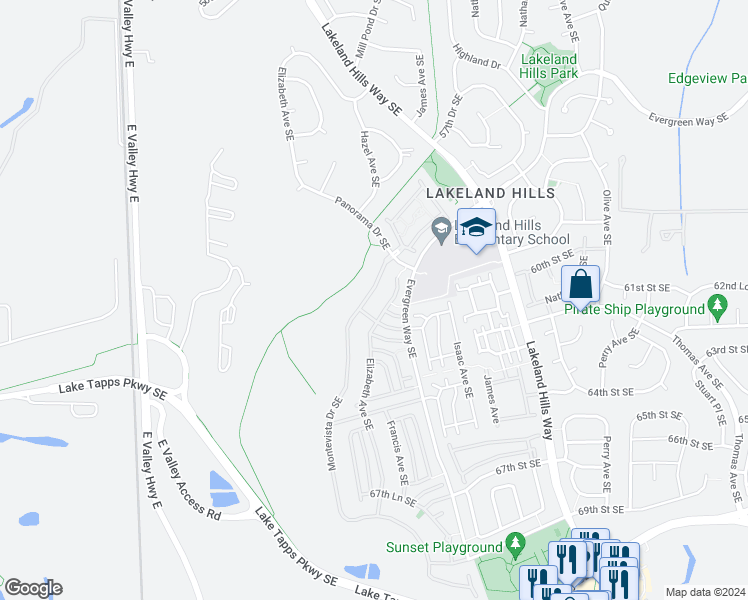 map of restaurants, bars, coffee shops, grocery stores, and more near 6114 Montevista Drive Southeast in Auburn