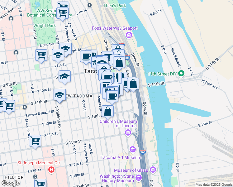 map of restaurants, bars, coffee shops, grocery stores, and more near 1102 Pacific Avenue in Tacoma