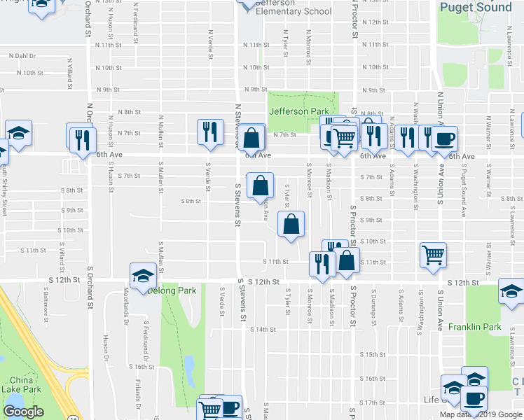 map of restaurants, bars, coffee shops, grocery stores, and more near 802 South Mason Avenue in Tacoma