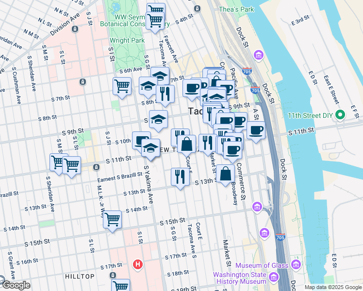 map of restaurants, bars, coffee shops, grocery stores, and more near 504a South 11th Street in Tacoma