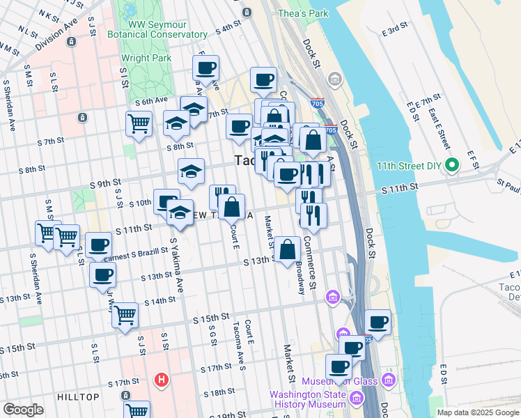 map of restaurants, bars, coffee shops, grocery stores, and more near in Tacoma