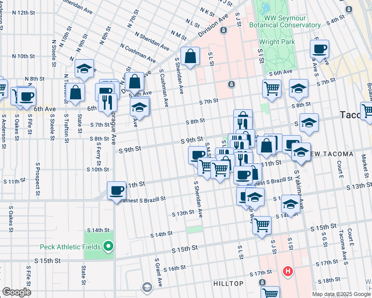 map of restaurants, bars, coffee shops, grocery stores, and more near 912 South Sheridan Avenue in Tacoma