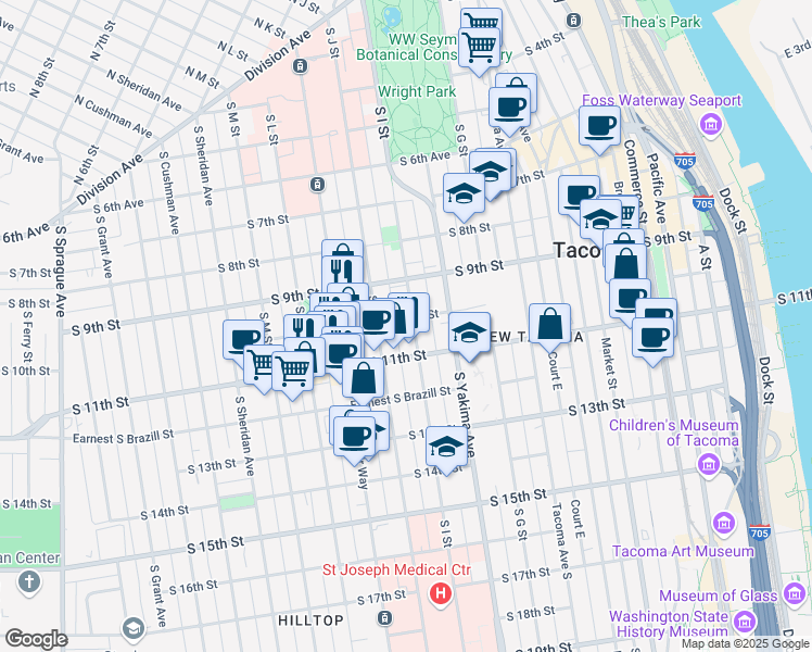 map of restaurants, bars, coffee shops, grocery stores, and more near 1008 South I Street in Tacoma
