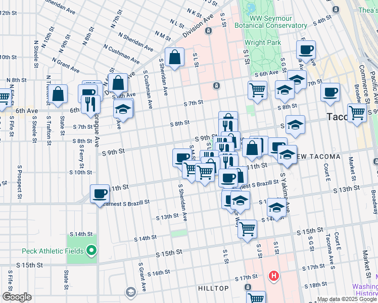 map of restaurants, bars, coffee shops, grocery stores, and more near 916 South M Street in Tacoma