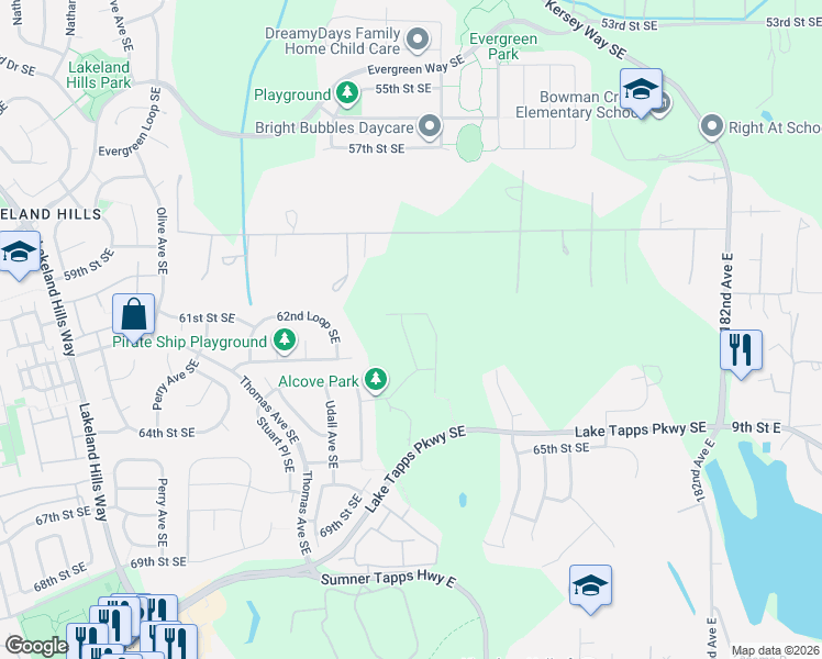 map of restaurants, bars, coffee shops, grocery stores, and more near 6210 Wesley Place Southeast in Auburn