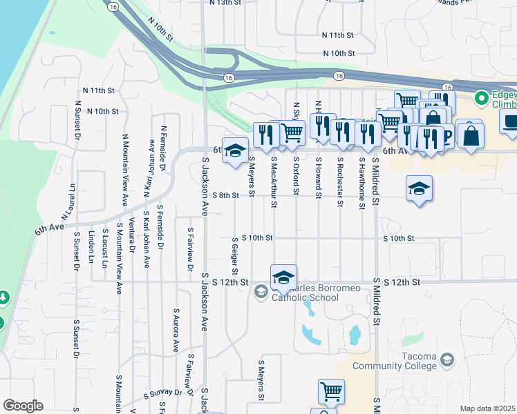 map of restaurants, bars, coffee shops, grocery stores, and more near 813 South Meyers Street in Tacoma
