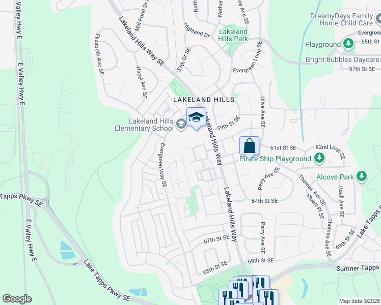 map of restaurants, bars, coffee shops, grocery stores, and more near 6047 Isaac Avenue Southeast in Auburn