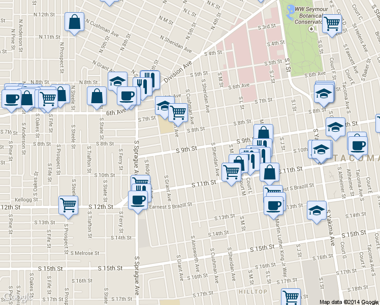map of restaurants, bars, coffee shops, grocery stores, and more near 1508 South 9th Street in Tacoma