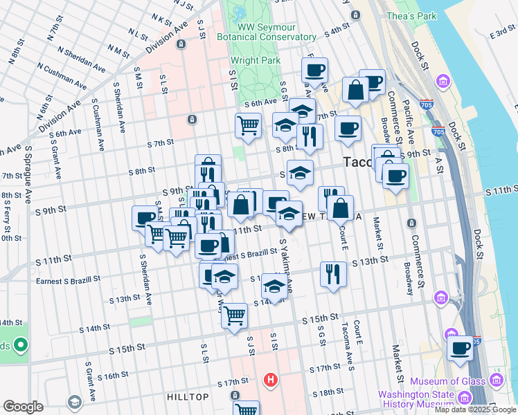 map of restaurants, bars, coffee shops, grocery stores, and more near 1008 South Yakima Avenue in Tacoma
