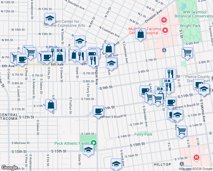 map of restaurants, bars, coffee shops, grocery stores, and more near 1714 South 9th Street in Tacoma