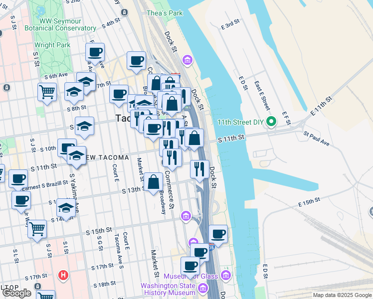 map of restaurants, bars, coffee shops, grocery stores, and more near 1102 A Street in Tacoma