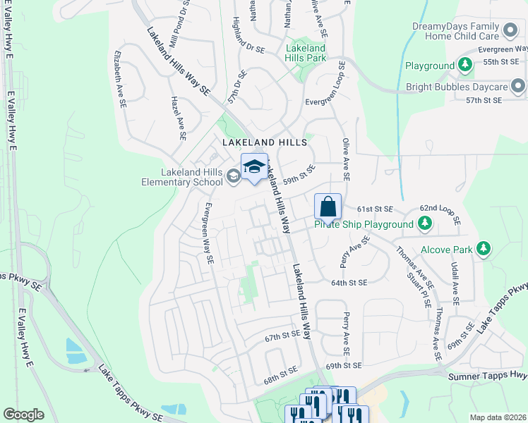 map of restaurants, bars, coffee shops, grocery stores, and more near 6134 Lindsay Avenue Southeast in Auburn