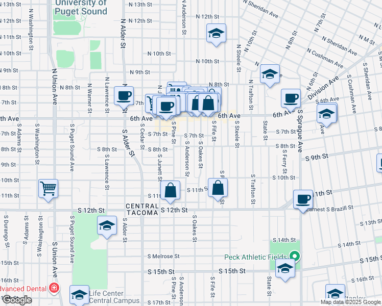 map of restaurants, bars, coffee shops, grocery stores, and more near 817 South Anderson Street in Tacoma