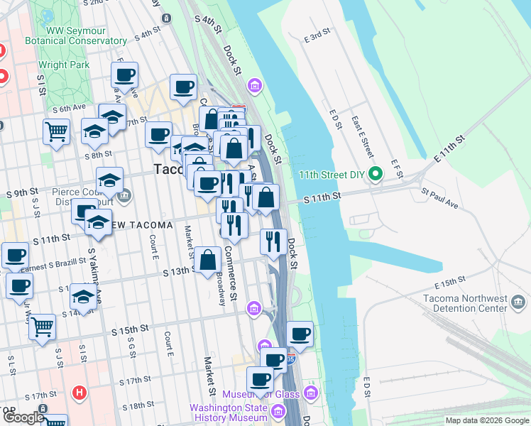 map of restaurants, bars, coffee shops, grocery stores, and more near 1120 East Cliff Avenue in Tacoma