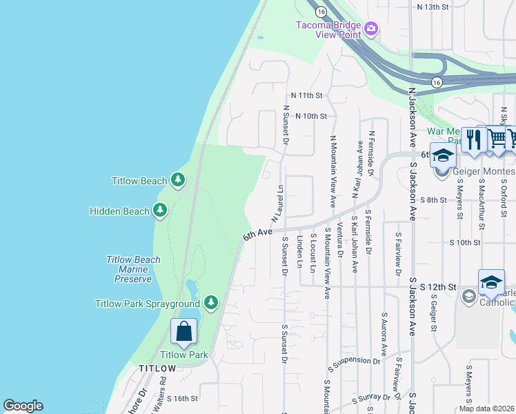 map of restaurants, bars, coffee shops, grocery stores, and more near 8201 6th Avenue in Tacoma