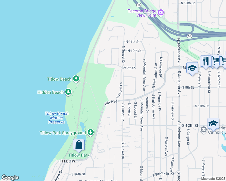 map of restaurants, bars, coffee shops, grocery stores, and more near 8201 6th Avenue in Tacoma