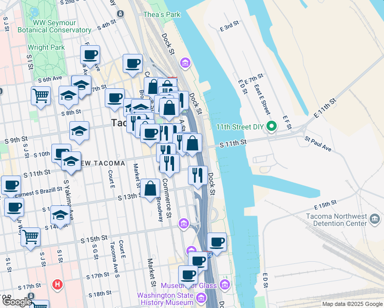 map of restaurants, bars, coffee shops, grocery stores, and more near 1101 A Street in Tacoma